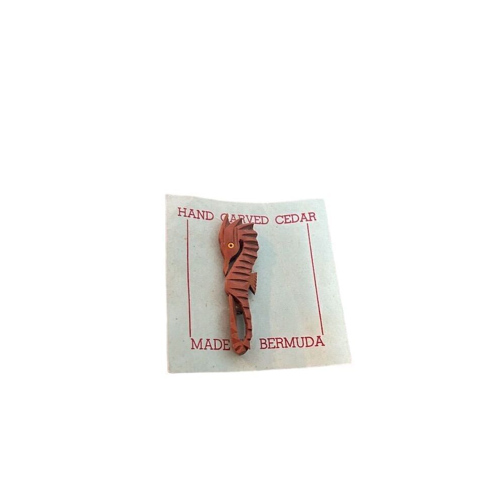 Hand Carved Cedar Seahorse Brooch Pin Marine Sealife Theme